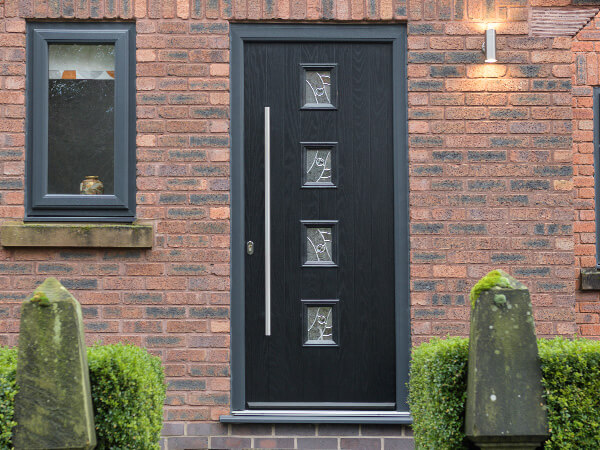Black front door with silver hardware